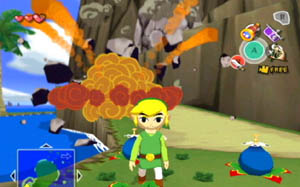 Link nonchalantly blows up the side of a mountain